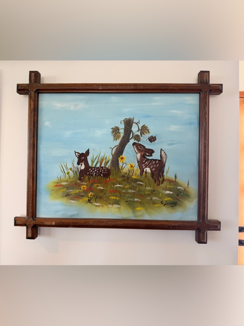 Hand-Painted Deer Scene Wall Art in Blue and Brown